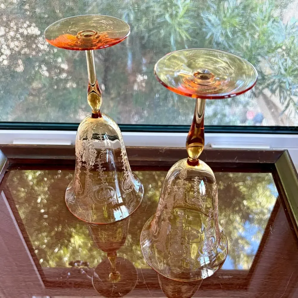 Set of 2 1940s Vintage Etched Amber Stem Wine Goblets Art Deco Glass UV Red Glow